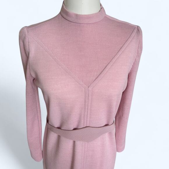 Vintage Leslie Fay 70s 80s Mauve Purple Belted Sheath Wool? Midi Dress size 12 P - Picture 4 of 11